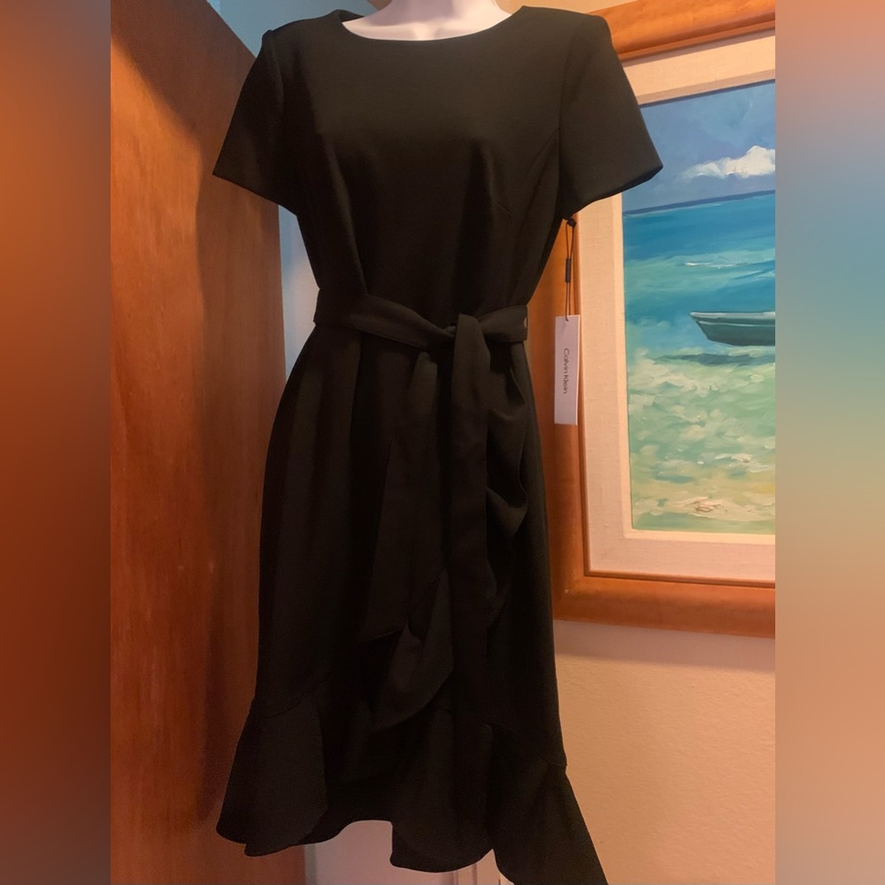 Calvin Klein Black Midi Dress Gold Zipper size 6 New wTags MSRP $100